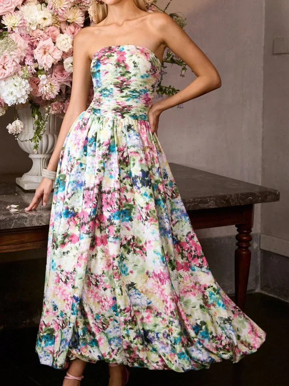 Multicolor Elegant Women's Floral Print Dress Wiith Bust Ruching - Picture 6 of 6